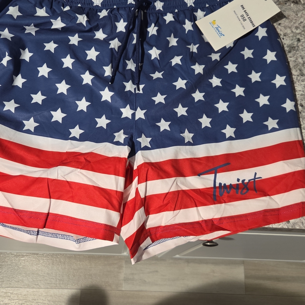 New Set Of 2 Twisted Men's Athletic Swim Shorts - Red, White, and Blue Plus 1